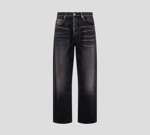 Moschino - JEAN CORTE RECTO PRELAVADO CON DETALLE DE LETRA M EN CUERO