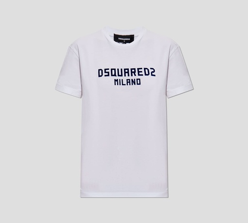 Dsquared2 - FRANELA BLANCA CUELLO REDONDO CON LOGO EN RELIEVE TEXTURIZADO EN GAMUZA