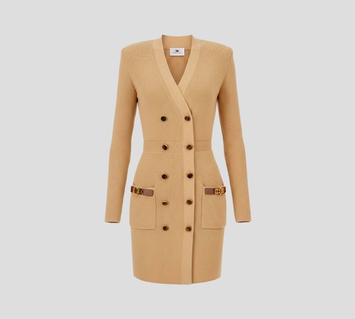 Elisabetta Franchi - VESTIDO CAMEL TIPO CARDIGAN CON BOTONES MARRONES