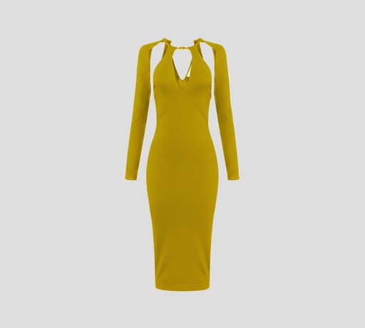 [AM11S56E2-EA9] Elisabetta Franchi - VESTIDO MIDI VERDE CON DETALLE DORADO EN CUELLO Y MANGAS REMOVIBLES