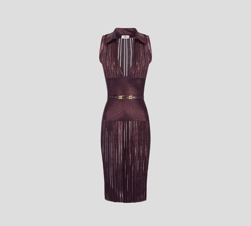 Elisabetta Franchi - VESTIDO MIDI MERLOT METALIZADO SIN MANGAS CUELLO EN V CON CORREA