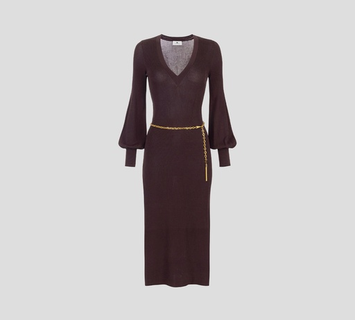 Elisabetta Franchi - VESTIDO MIDI MERLOT MANGA LARGA CUELLO EN V Y CADENA DORADA
