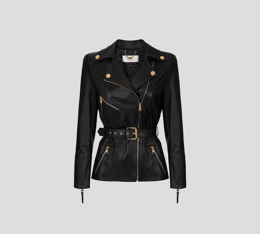 Elisabetta Franchi - CHAQUETA NEGRA DE CUERO CON BOTONES Y CIERRE DORADO