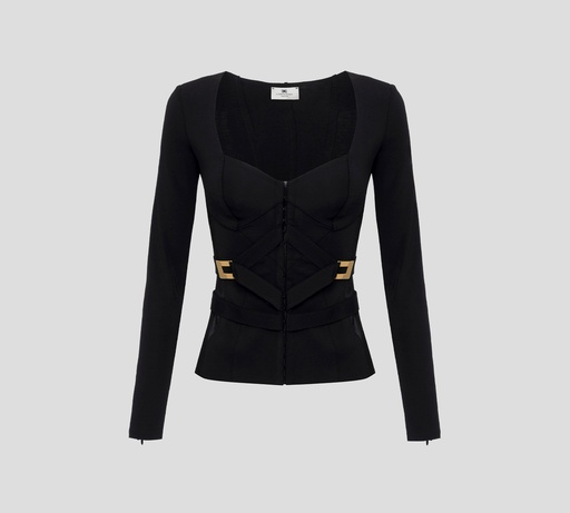 [GI16056E2-110] Elisabetta Franchi - BLUSA NEGRA MANGA LARGA CON BROCHES EN LA PARTE FRONTAL