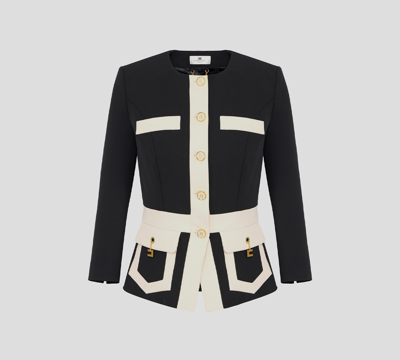 Elisabetta Franchi - BLAZER NEGRO PEPLUM MANGA 3/4 CON DETALLES DORADOS