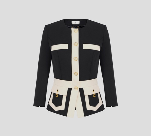 [GIT0156E2-EF3] Elisabetta Franchi - BLAZER NEGRO PEPLUM MANGA 3/4 CON DETALLES DORADOS