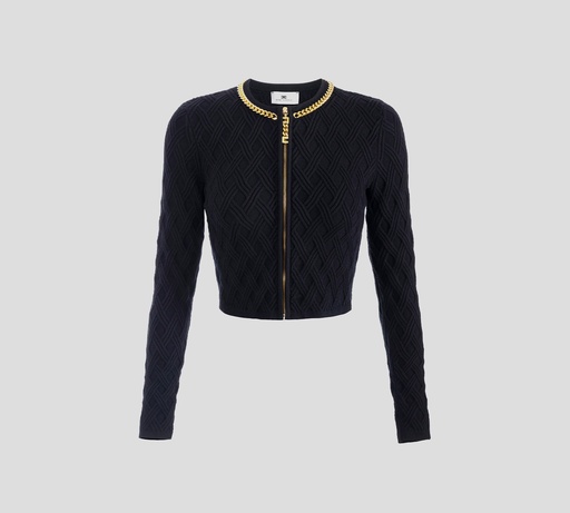 Elisabetta Franchi - CARDIGAN NEGRO CORTO CON DETALLE EN CUELLO DE CADENA Y CIERRE