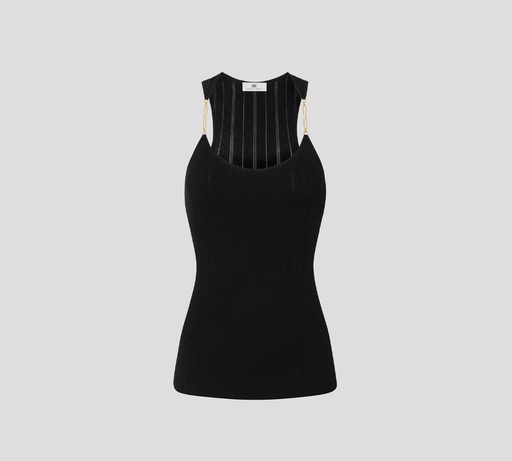 [TK52B56E2-110] Elisabetta Franchi - BLUSA NEGRA ACANALADA CON DETALLES DORADOS EN TIRANTES
