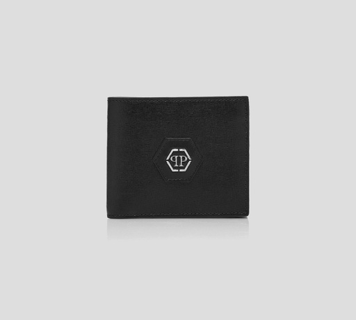[AAEA-UVG0014-PLE010N-02] Philipp Plein - BILLETERA NEGRA FRANCESA HEXAGONAL DE PIEL SAFFIANO