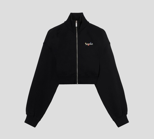 Off White - SWEATER NEGRO CORTE BOX CON CIERRE FRONTAL DE CUELLO ALTO Y ESTAMPADO DE FLORES