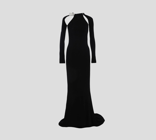 [OWDB55YF25JER0011010] Off White - VESTIDO NEGRO LARGO DE COLA CON MANGAS LARGAS Y ESCOTE SUPERIOR