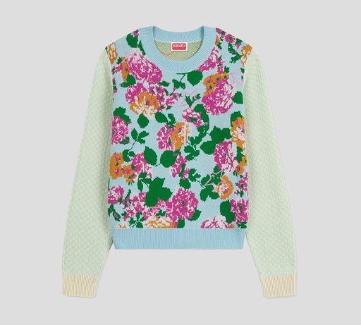 Kenzo - SWEATER AZUL CON BORDADOS EN FUCSIA, NARANJA Y VERDE