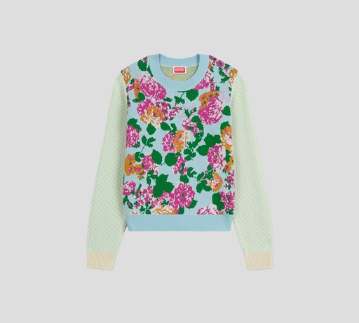 Kenzo - SWEATER AZUL CON BORDADOS EN FUCSIA, NARANJA Y VERDE