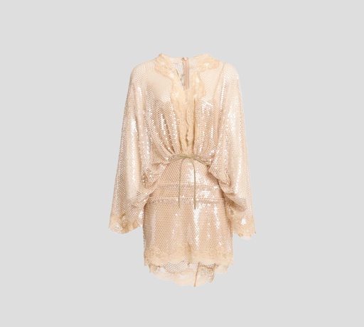 [D1046NR26-BEG07-TUL03] Elie Saab - VESTIDO CORTO DE MALLA CON LENTEJUELAS Y BORDE DE ENCAJE NUDE