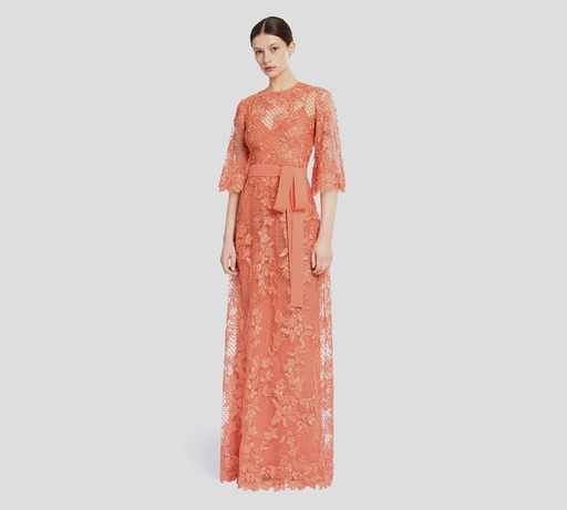[D1094NR26-RE012-TUL04] Elie Saab - VESTIDO LARGO BORDADO DE TUL Y ENCAJE COLOR CORAL ATARDECER