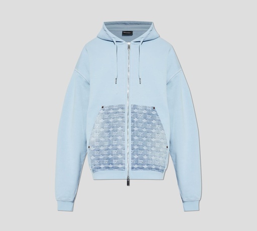 Dsquared2 - HOODIE AZUL CIELO CON BOLSILLOS DE JEAN Y CIERRE FRONTAL